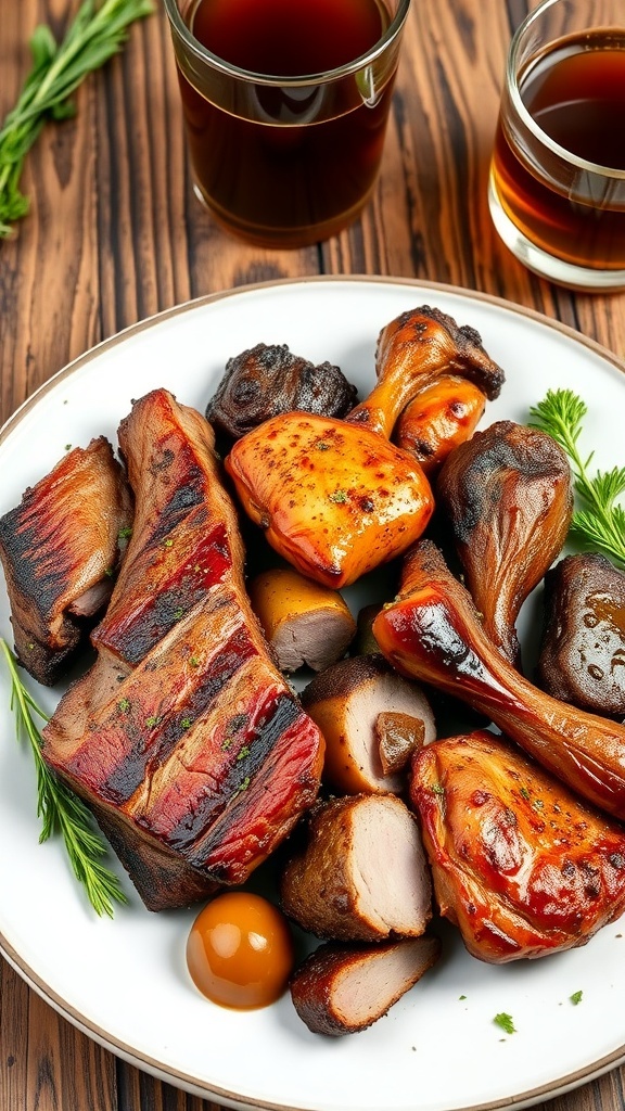 7-Day Carnivore Meal Plan for Beginners (1500 Calories) A selection of meats including steak, chicken, and pork on a plate, with bone broth in a glass.